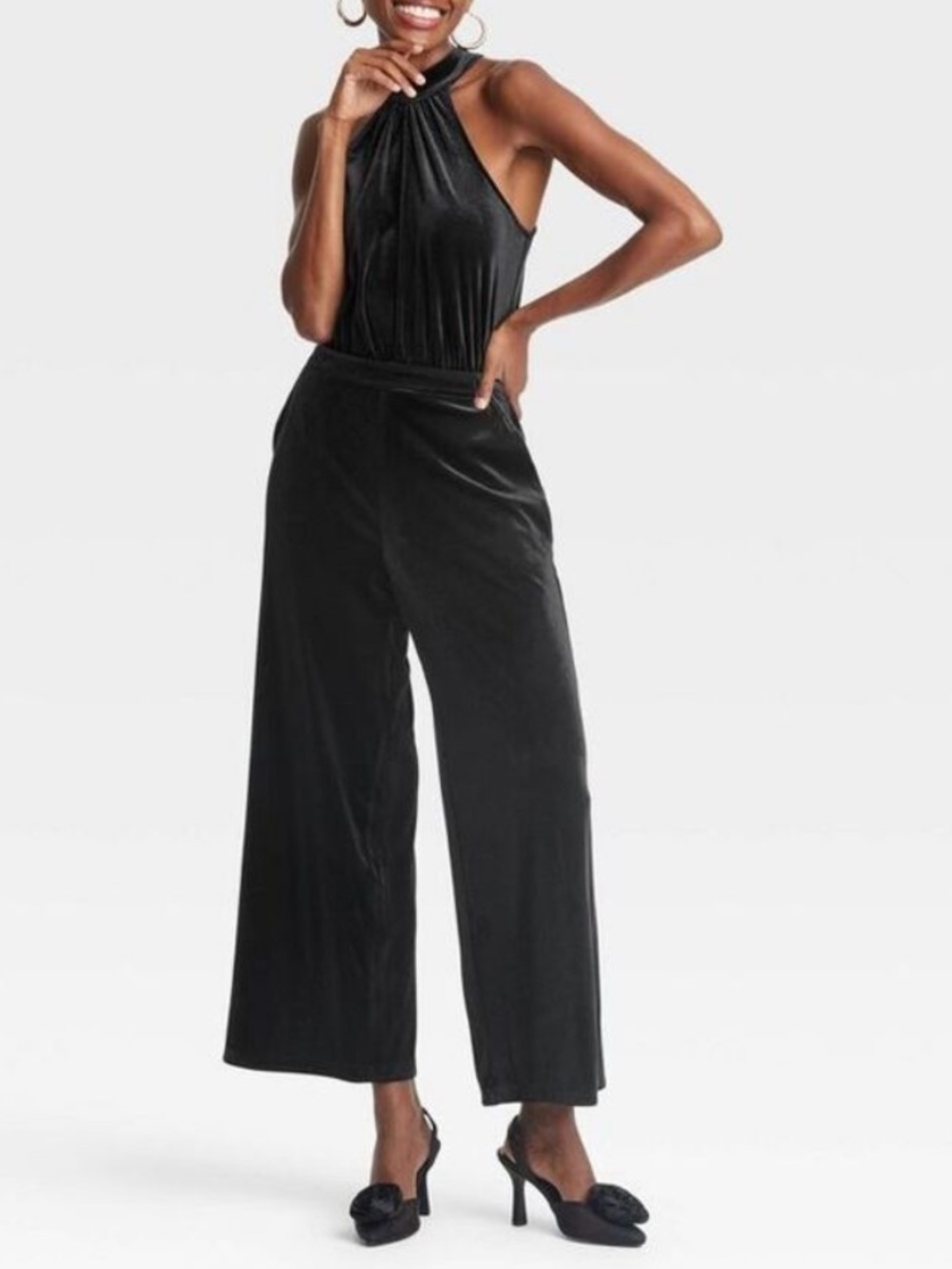 a New Day Black Velvet Halter Tie Neck Jumpsuit